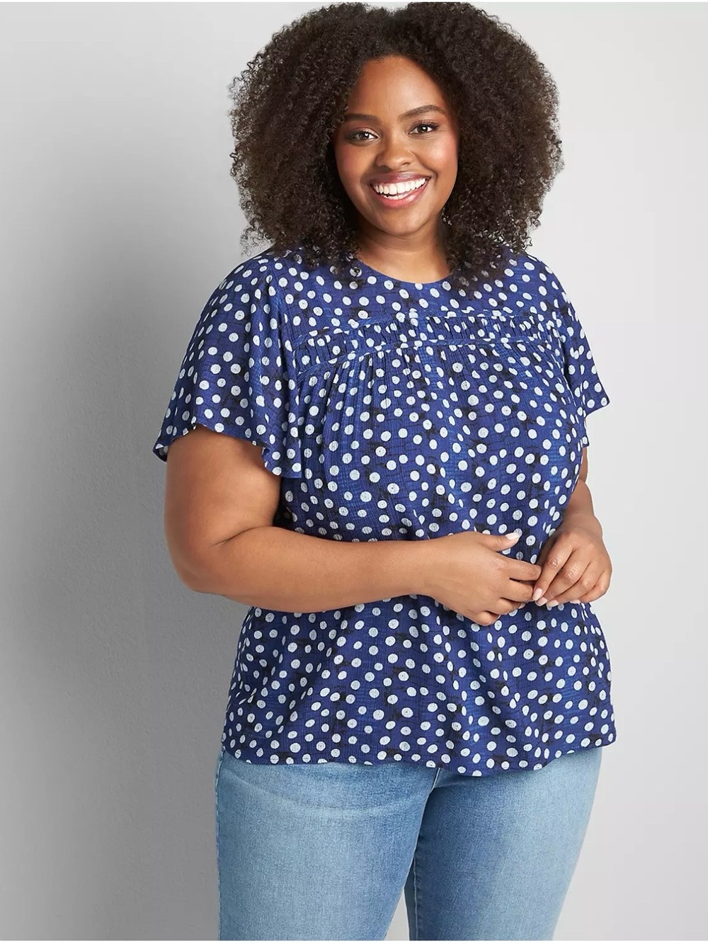 Lane Bryant Navy and White Polka Dot Flutter Sleeve Tee